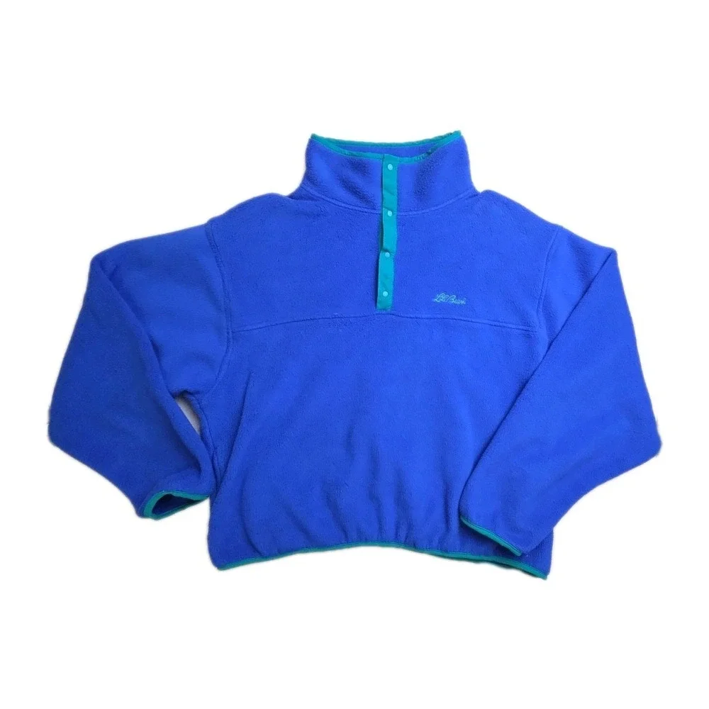 Vintage 90s‎ LL Bean Spell Out Script Snap Button Fleece Sweater Blue USA Mens L